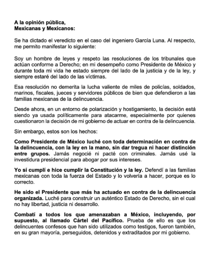 Se pronuncia Felipe Calderón sobre sentencia contra García Luna